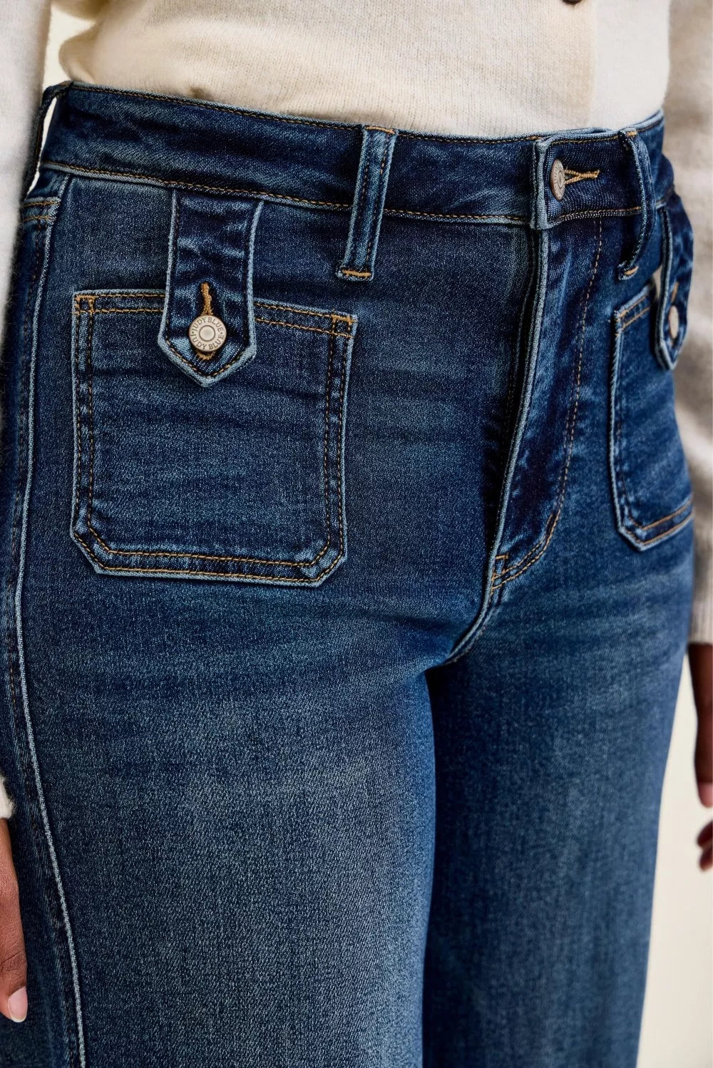 Judy Blue Jeans High Waist "lux" Retro Wide Jeans with Front Patch Tab Closure Dk Fade Indigo Milliee's Boutique