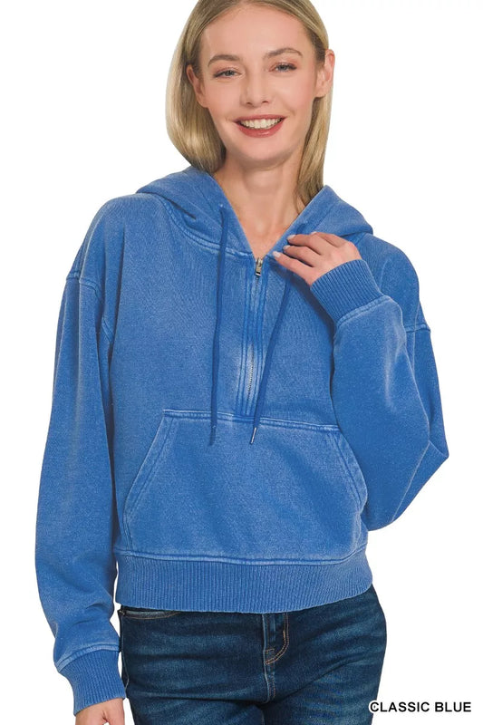 Zenana Fleece Pigment Dye Half Zip Kangaroo Pocket Hoodie - Milliee's Boutique