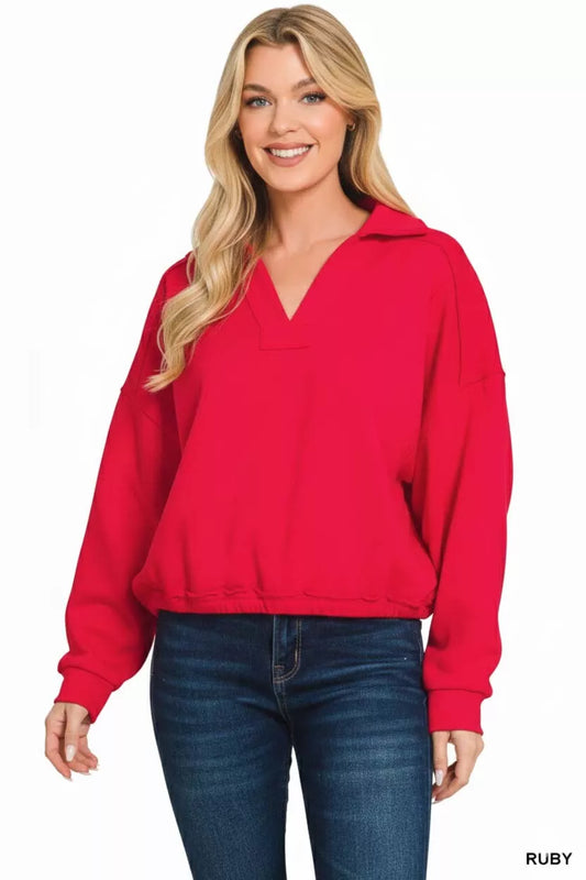 Zenana French Terry Collared Exposed Seam Sweatshirt - Milliee's Boutique