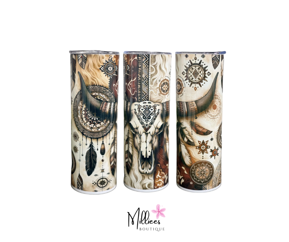 Boho Feather Bull Skull 20oz Skinny Tumbler
