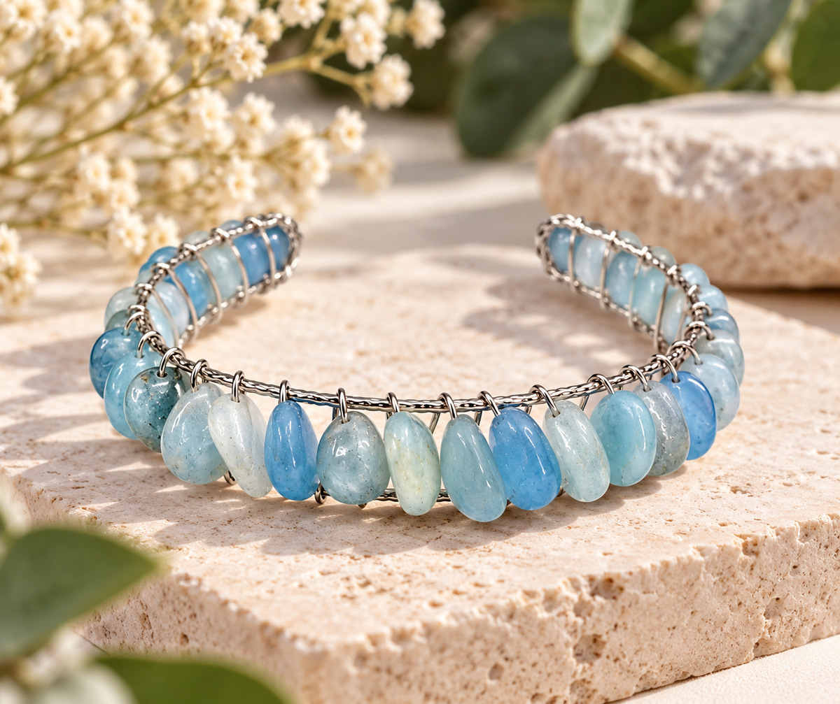 Natural blue aquamarine gemstone bangle cuff bracelet in 18K white gold overlay