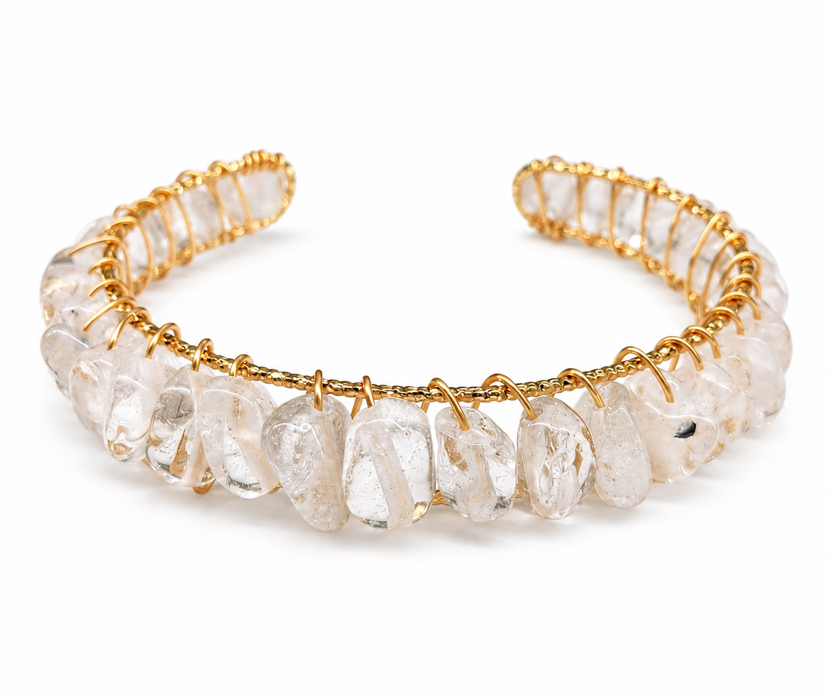Natural Clear Quartz gemstone beads wire wrapped into an elegant flexible cuff bracelet with gold finish, featuring genuine semi-precious stones.