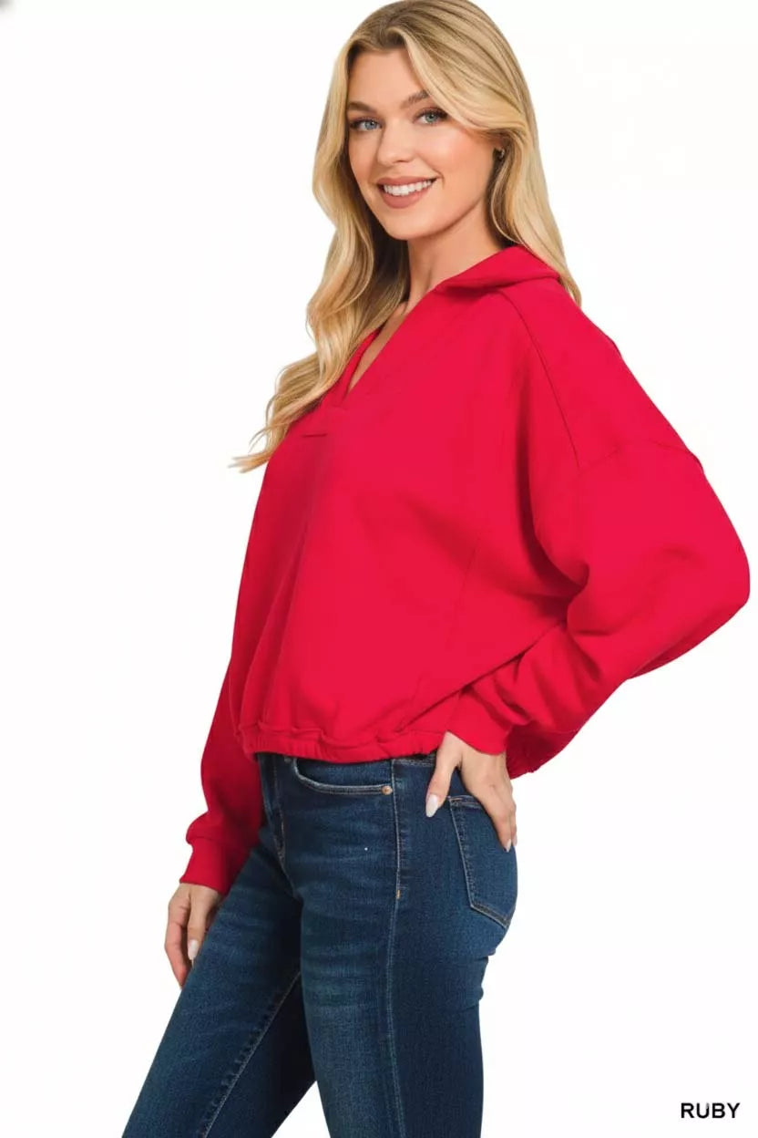 Zenana French Terry Collared Exposed Seam Sweatshirt - Milliee's Boutique