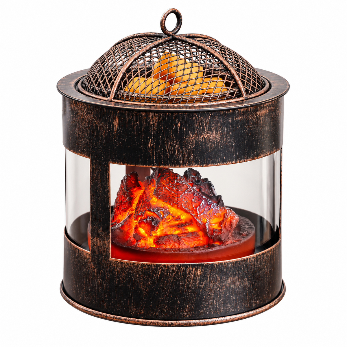 Fire Pit Wax Warmer with rustic bronze metal finish, mesh lid and glowing faux embers on white background.