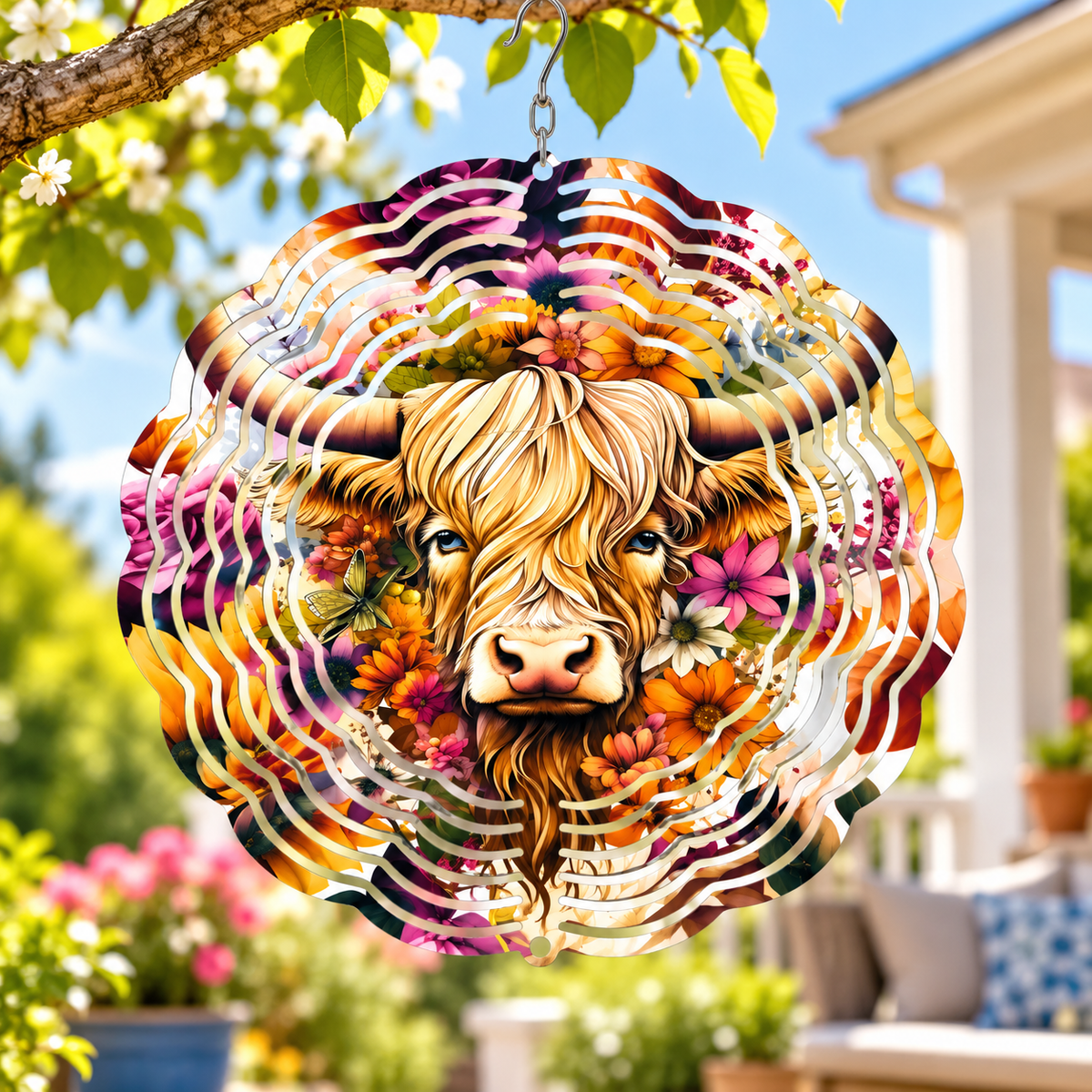 Harvest floral Highland cow 8-inch aluminum wind spinner featuring rustic farmhouse-inspired cow artwork for outdoor garden, porch, and patio décor