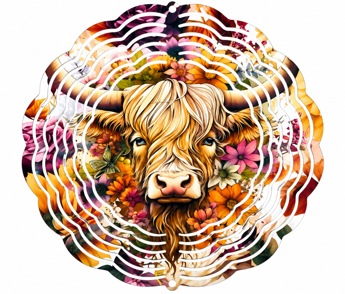 Harvest floral Highland cow 8-inch aluminum wind spinner.