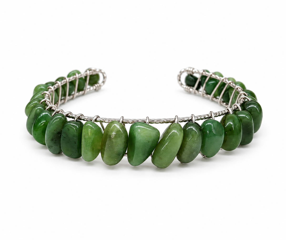 Canadian Jade Wire Wrapped Bangle Cuff Bracelet – 18KT Gold Overlay