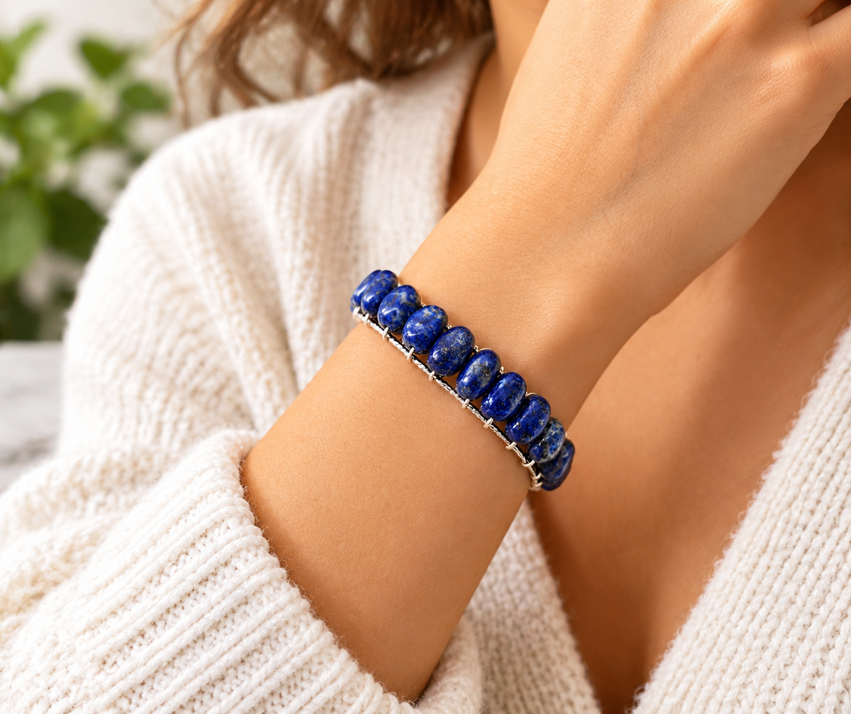 Natural Lapis Lazuli Gemstone Cuff Bracelet – 18K Gold Overlay Wire Wrapped Bangle