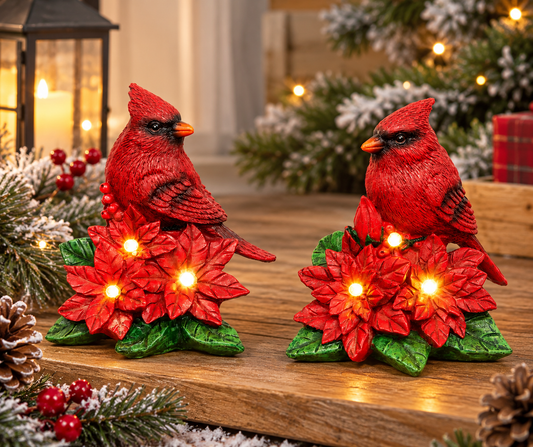 Rustic cardinal and poinsettia Christmas decoration with warm white LED glow, battery-operated resin holiday tabletop figurine.