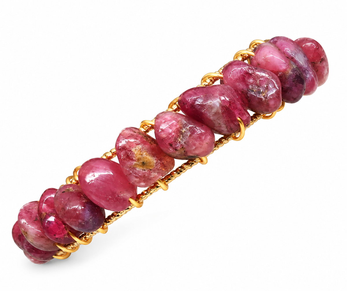 Natural Pink Tourmaline Bangle Bracelet – 18kt White Gold Overlay Wire Wrapped Cuff