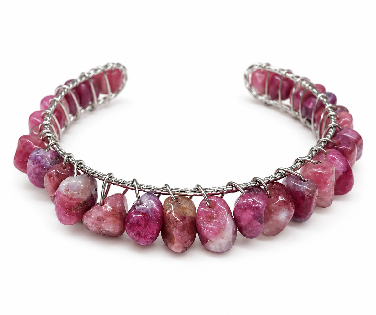Natural Pink Tourmaline Bangle Bracelet – 18kt White Gold Overlay Wire Wrapped Cuff
