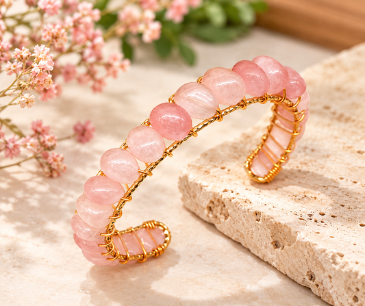 Rose Quartz Bangle Cuff Bracelet – 18kt Gold Overlay | Handcrafted Wire Wrapped Jewelry