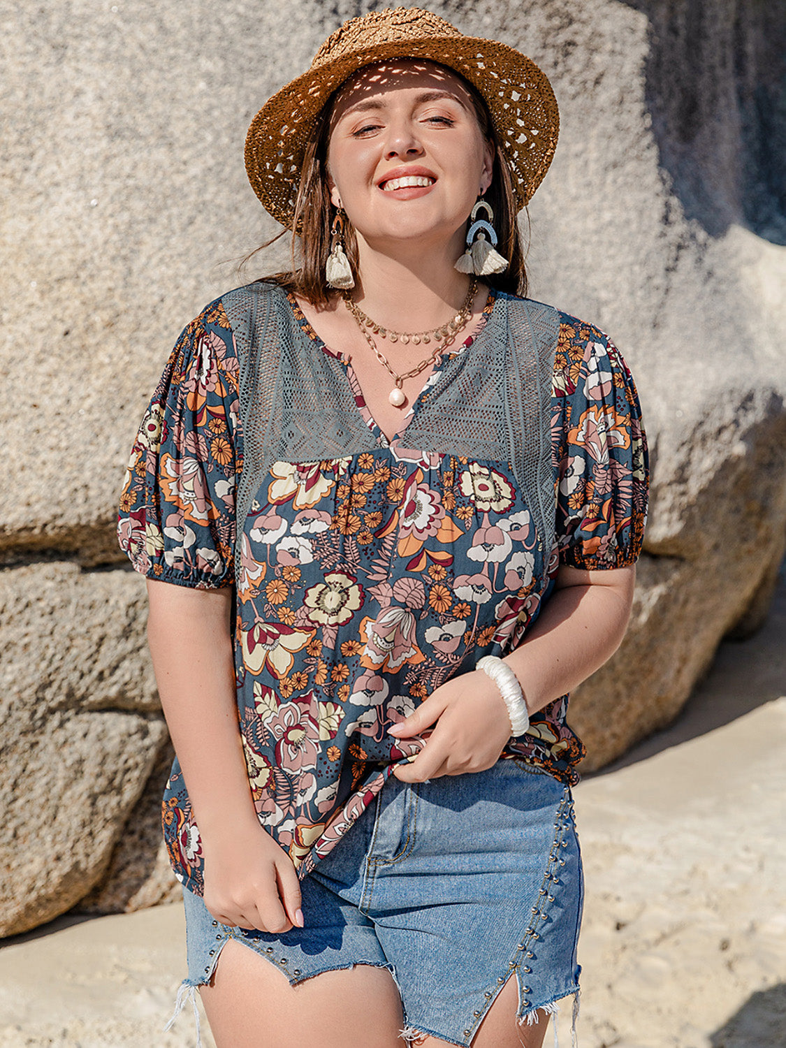 Plus Size Printed Notched Half Sleeve Blouse