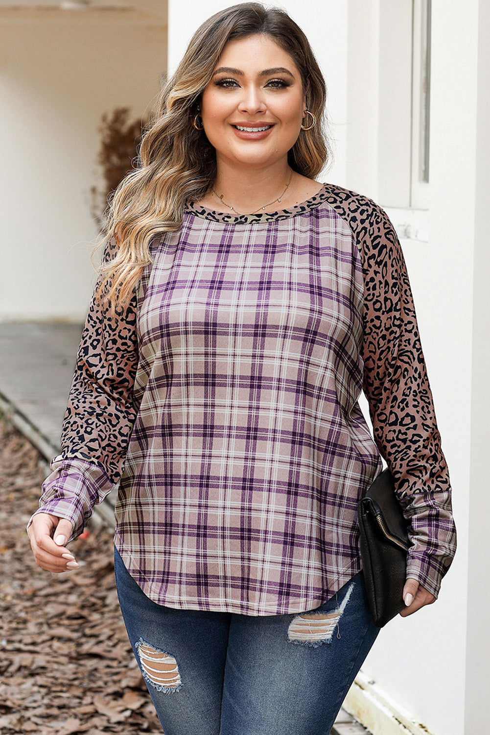 Plus Size Leopard Raglan Sleeve Plaid T-Shirt