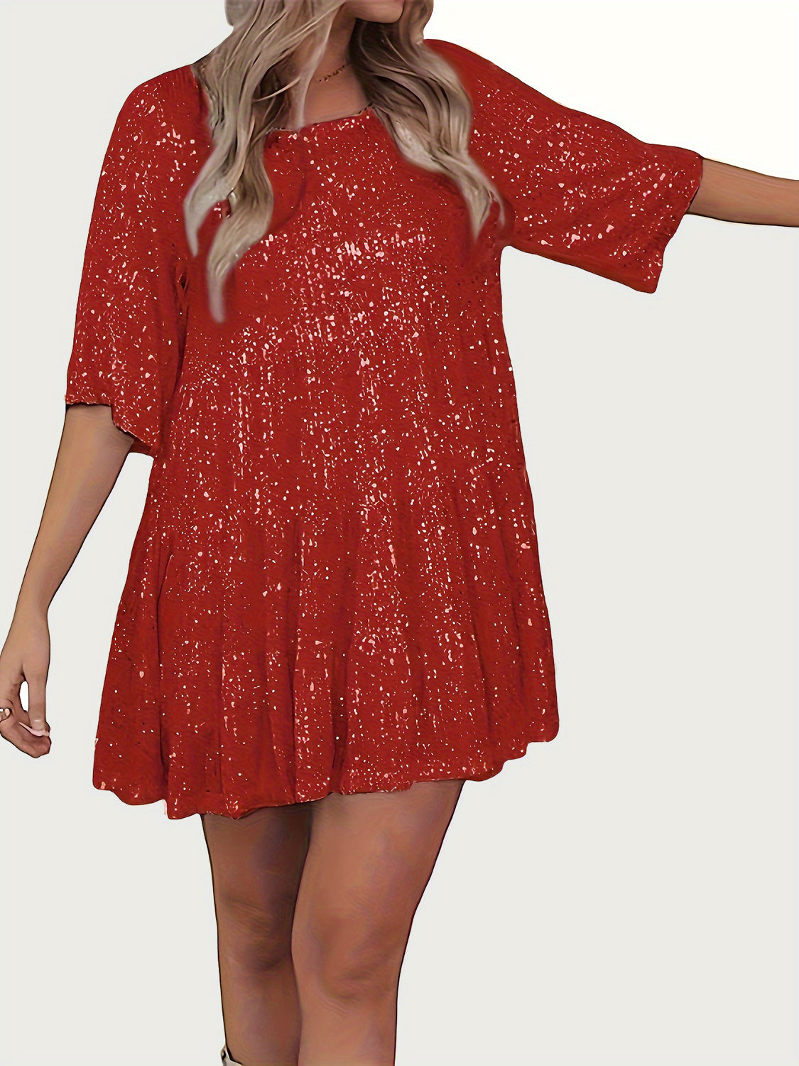 Full Size Sequin Round Neck Half Sleeve Mini Dress