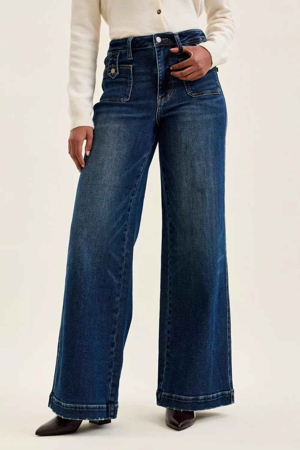 Judy Blue Jeans High Waist "lux" Retro Wide Jeans with Front Patch Tab Closure Dk Fade Indigo Milliee's Boutique
