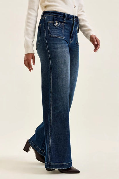 Judy Blue Jeans High Waist "lux" Retro Wide Jeans with Front Patch Tab Closure Dk Fade Indigo Milliee's Boutique