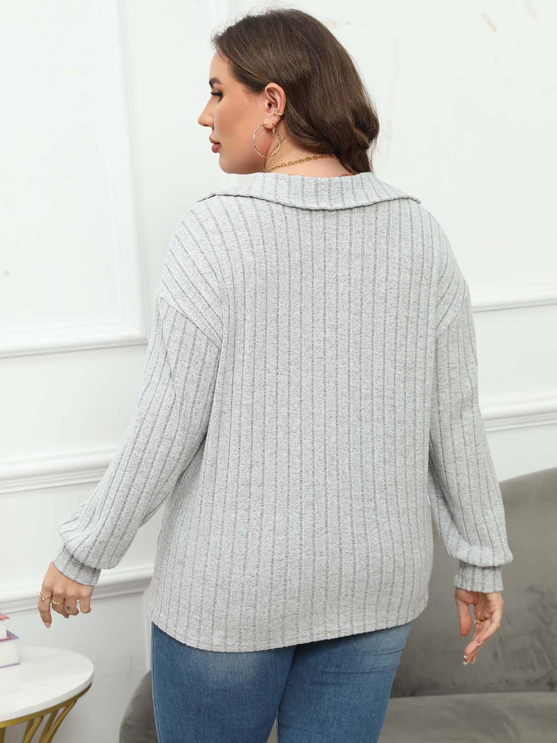 Plus Size Ribbed Collared Neck Long Sleeve Blouse