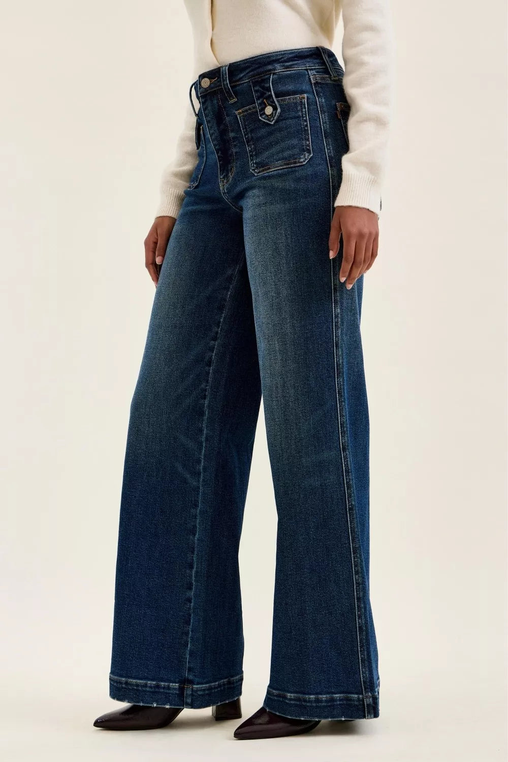 Judy Blue Jeans High Waist "lux" Retro Wide Jeans with Front Patch Tab Closure Dk Fade Indigo Milliee's Boutique