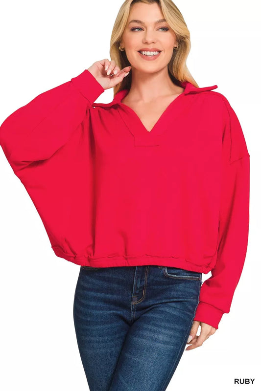 Zenana French Terry Collared Exposed Seam Sweatshirt - Milliee's Boutique