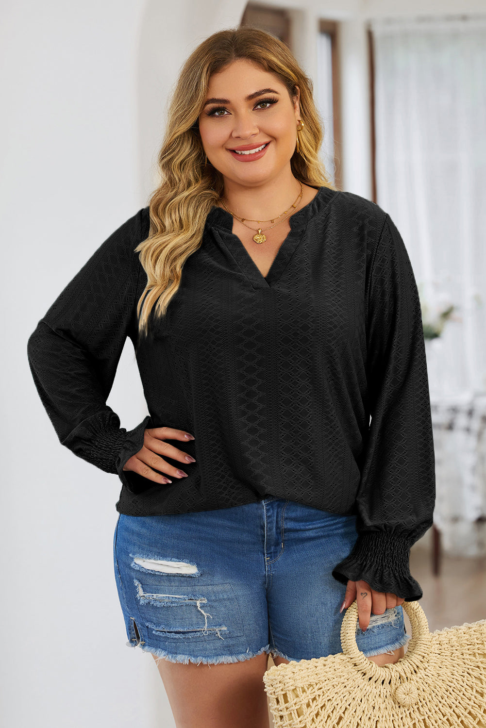 Plus Size Eyelet Notched Flounce Sleeve Blouse