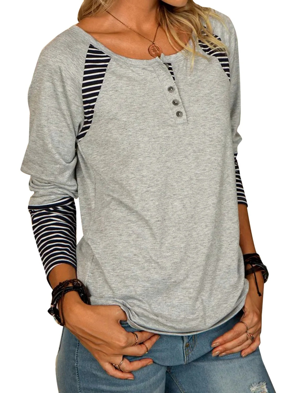 Full Size Striped Quarter Button Long Sleeve T-Shirt