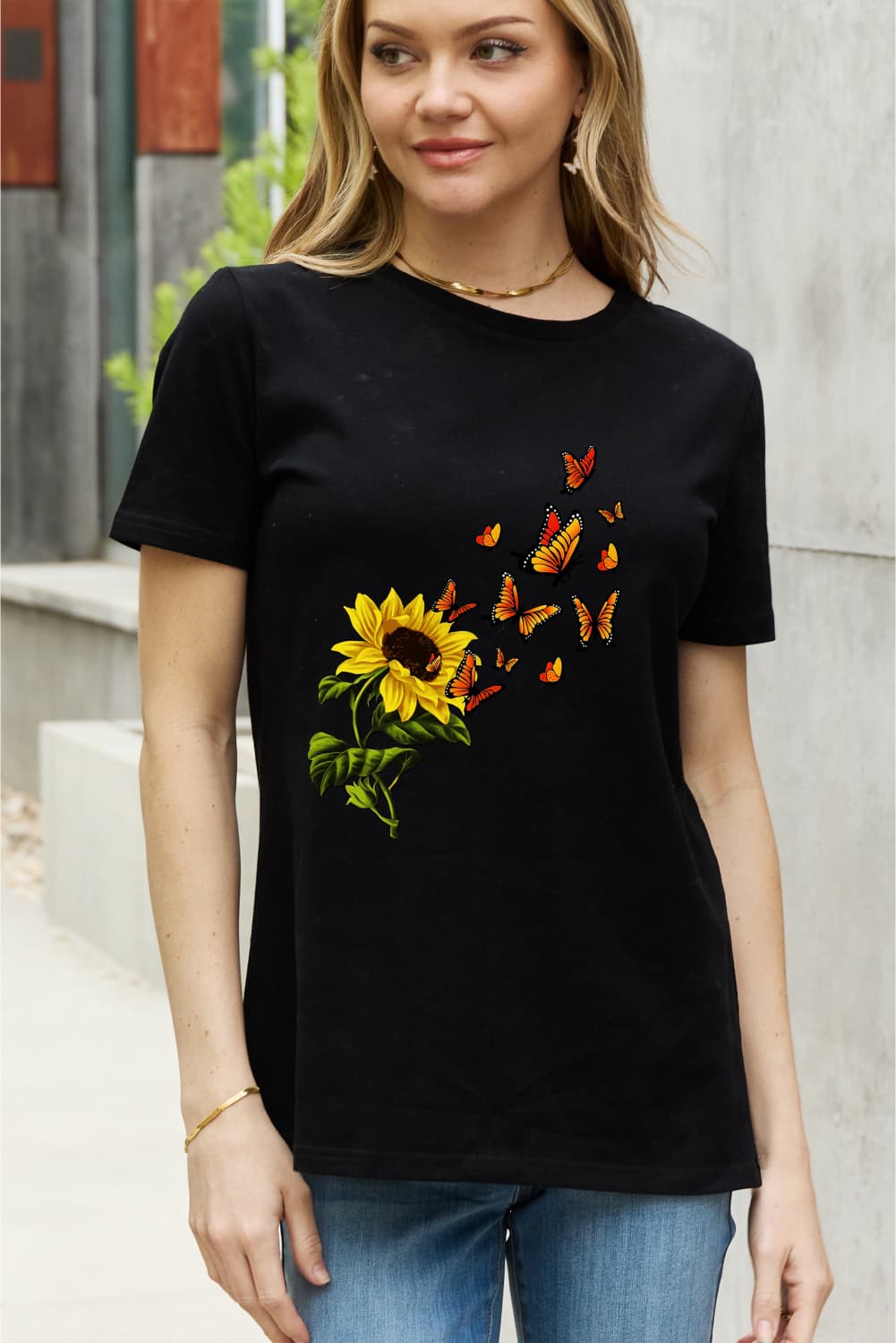 Simply Love Full Size Sunflower Butterfly Graphic Cotton Tee