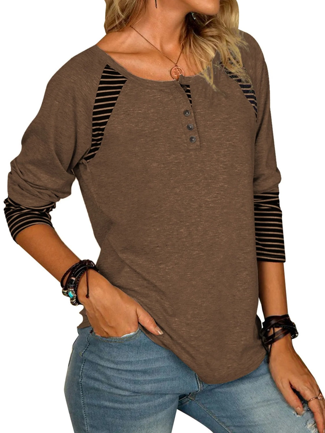 Full Size Striped Quarter Button Long Sleeve T-Shirt