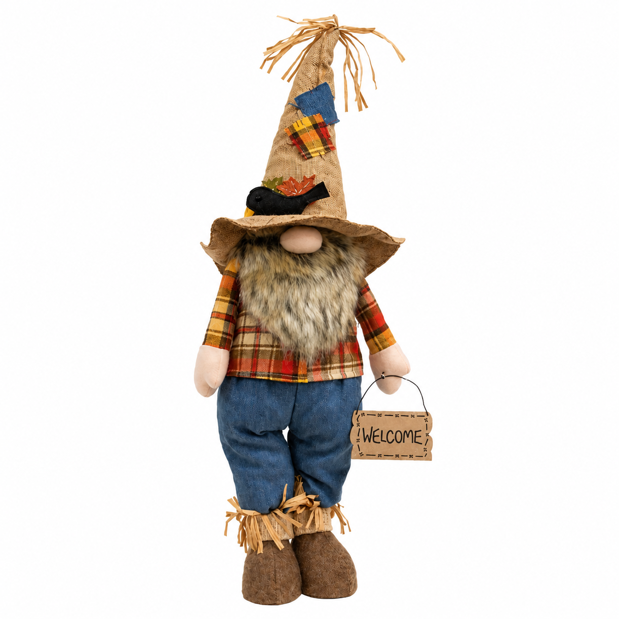 A rustic autumn-themed decorative gnome figurine with a tall straw hat, faux fur beard, orange plaid shirt, blue pants, and straw boot cuffs, holding a small 'WELCOME' sign.