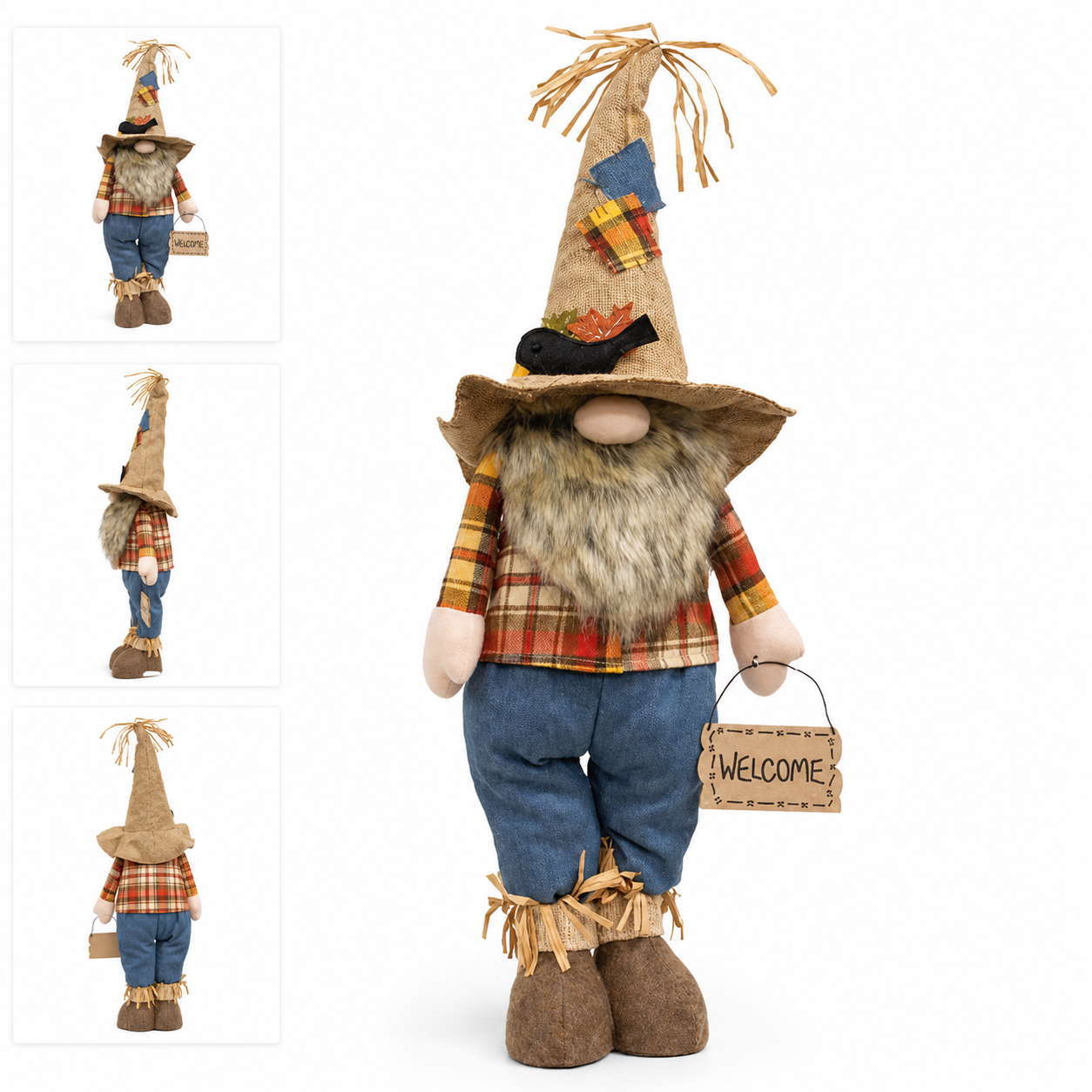 A decorative autumn gnome doll shown on a white background, with three smaller inset views along the left showing different angles. The gnome wears a tall tan hat with fringe, a red and orange plaid shirt, blue pants, and brown boots, and holds a small hanging sign that says “WELCOME.