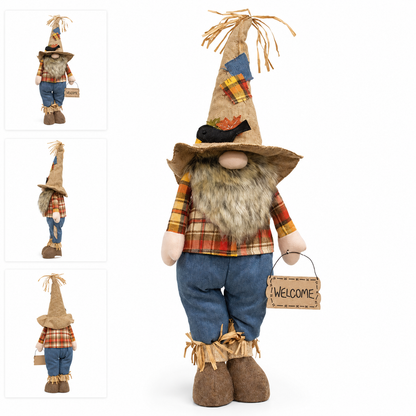 A decorative autumn gnome doll shown on a white background, with three smaller inset views along the left showing different angles. The gnome wears a tall tan hat with fringe, a red and orange plaid shirt, blue pants, and brown boots, and holds a small hanging sign that says “WELCOME.
