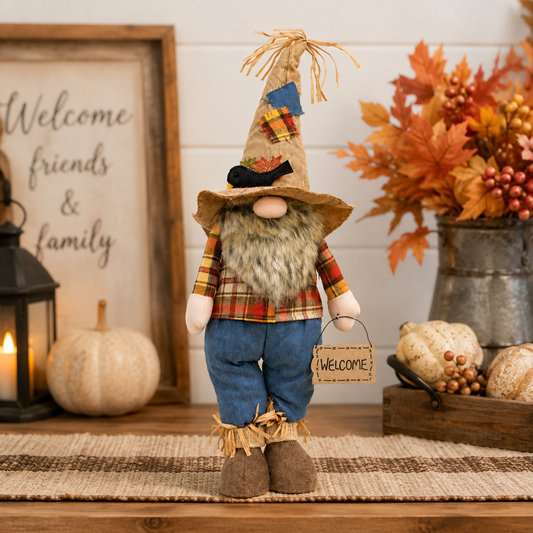 A decorative autumn gnome figurine stands on a rustic wooden surface in a styled fall scene. The gnome wears a tall straw hat with colorful patchwork details, a gray faux-fur beard, a red and yellow plaid shirt, blue pants, and brown shoes, and holds a small sign that says “WELCOME.