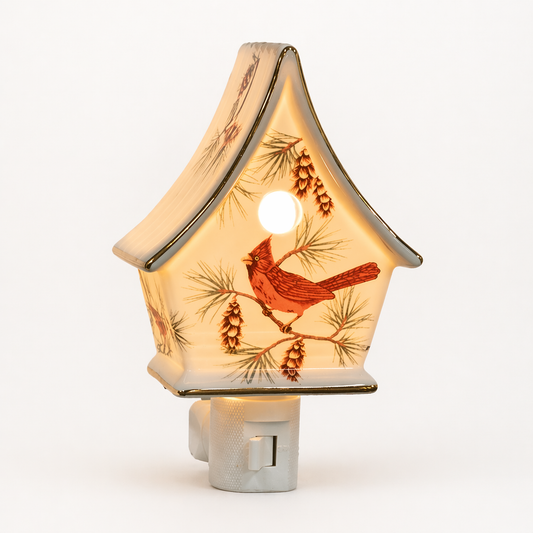 Porcelain Woodland Cardinal Birdhouse Nightlight