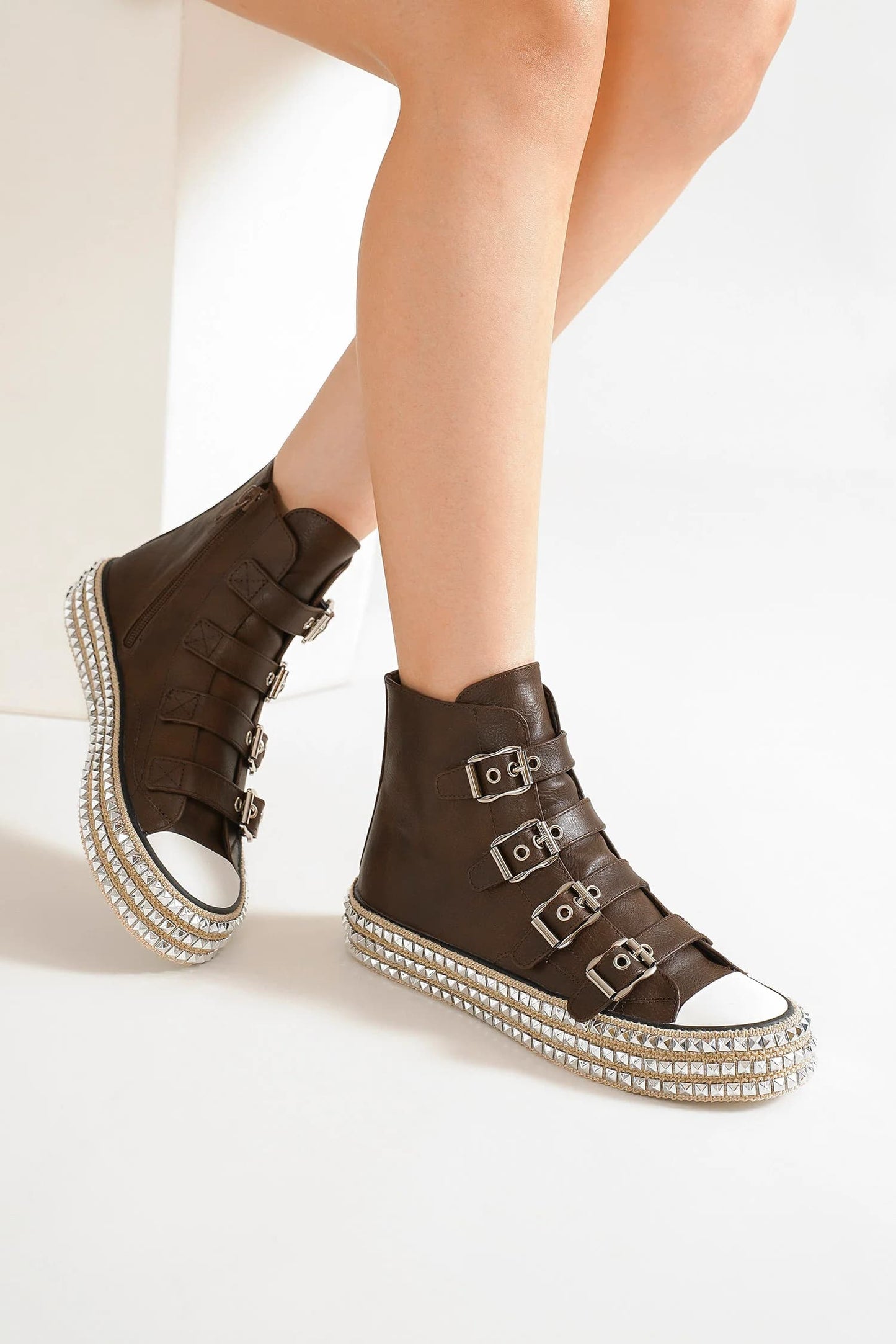 Beast Fashion Multi-Buckle Straps Studded Platform Sneakers