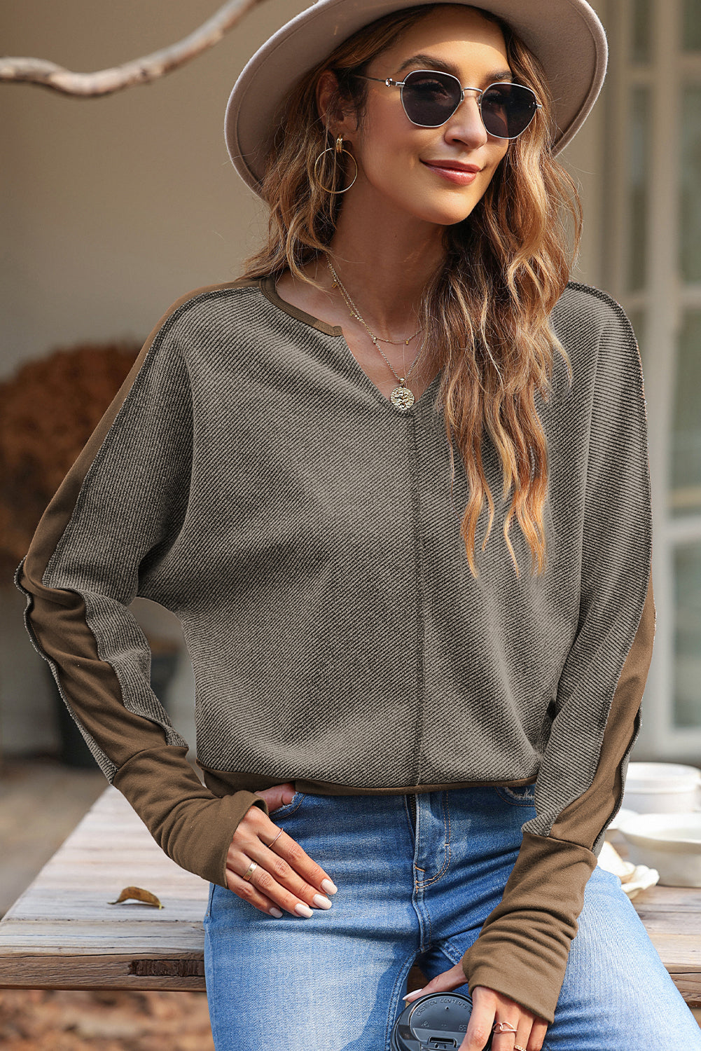 Color Block Notched Long Sleeve Blouse