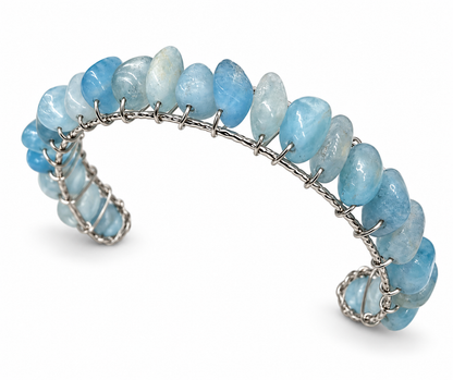 Natural aquamarine cuff bracelet with blue gemstone beads and 18K gold overlay wire wrapping