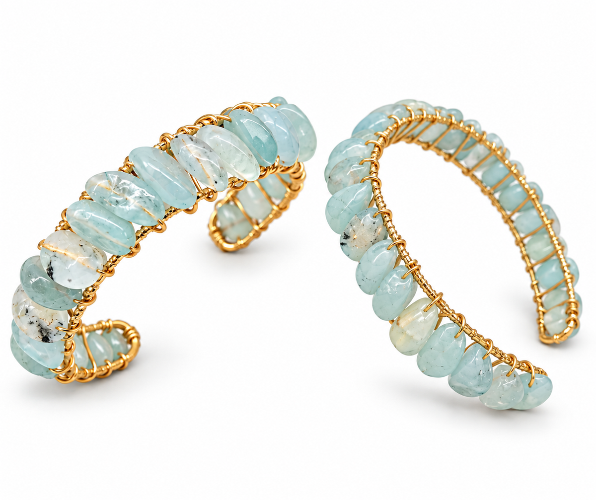 Natural Aquamarine Bangle Cuff Bracelet – 18K Gold Overlay Wire Wrapped Gemstone Jewelry