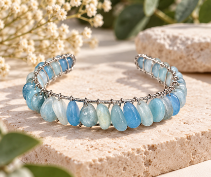 Natural blue aquamarine gemstone bangle cuff bracelet in 18K white gold overlay