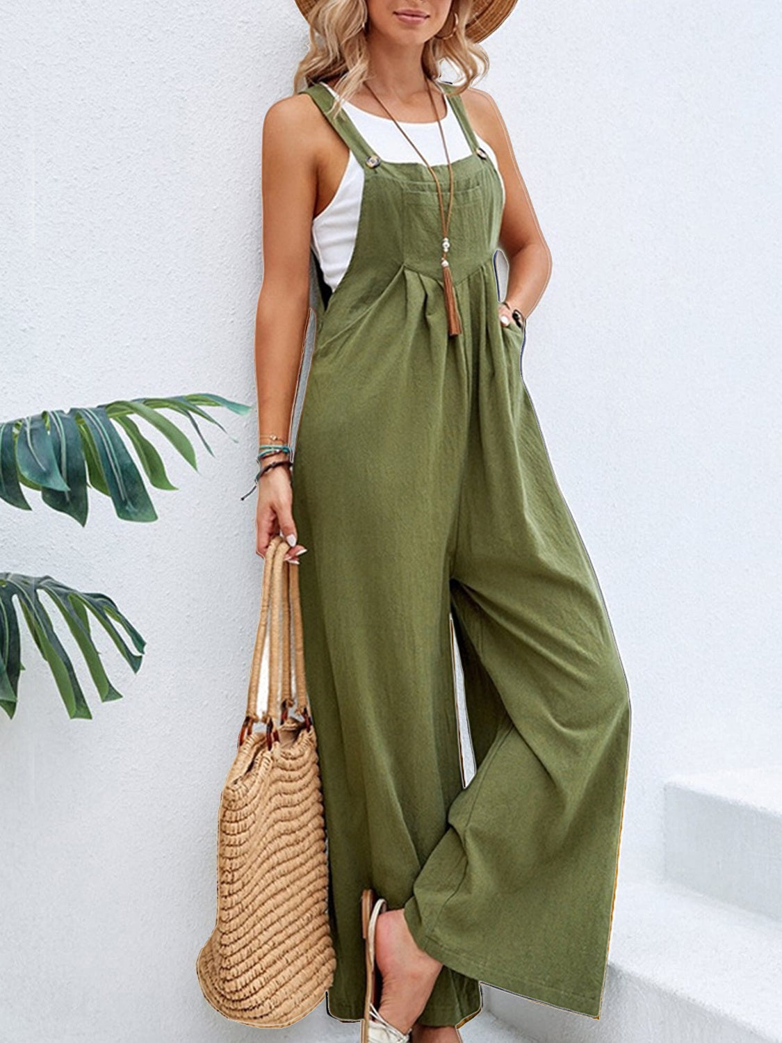 Full Size Square Neck Wide Strap Overalls