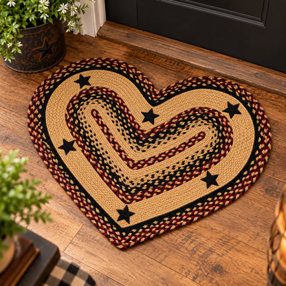Blackberry Star Braided Heart Rug made from natural jute in black, tan and plum with appliquéd stars, 20 x 30 inches.