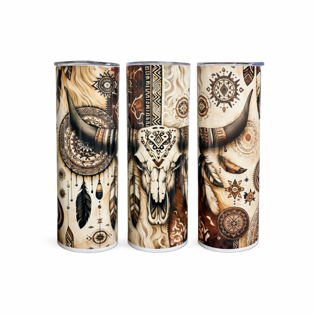 Boho Feather Bull Skull 20oz Skinny Tumbler