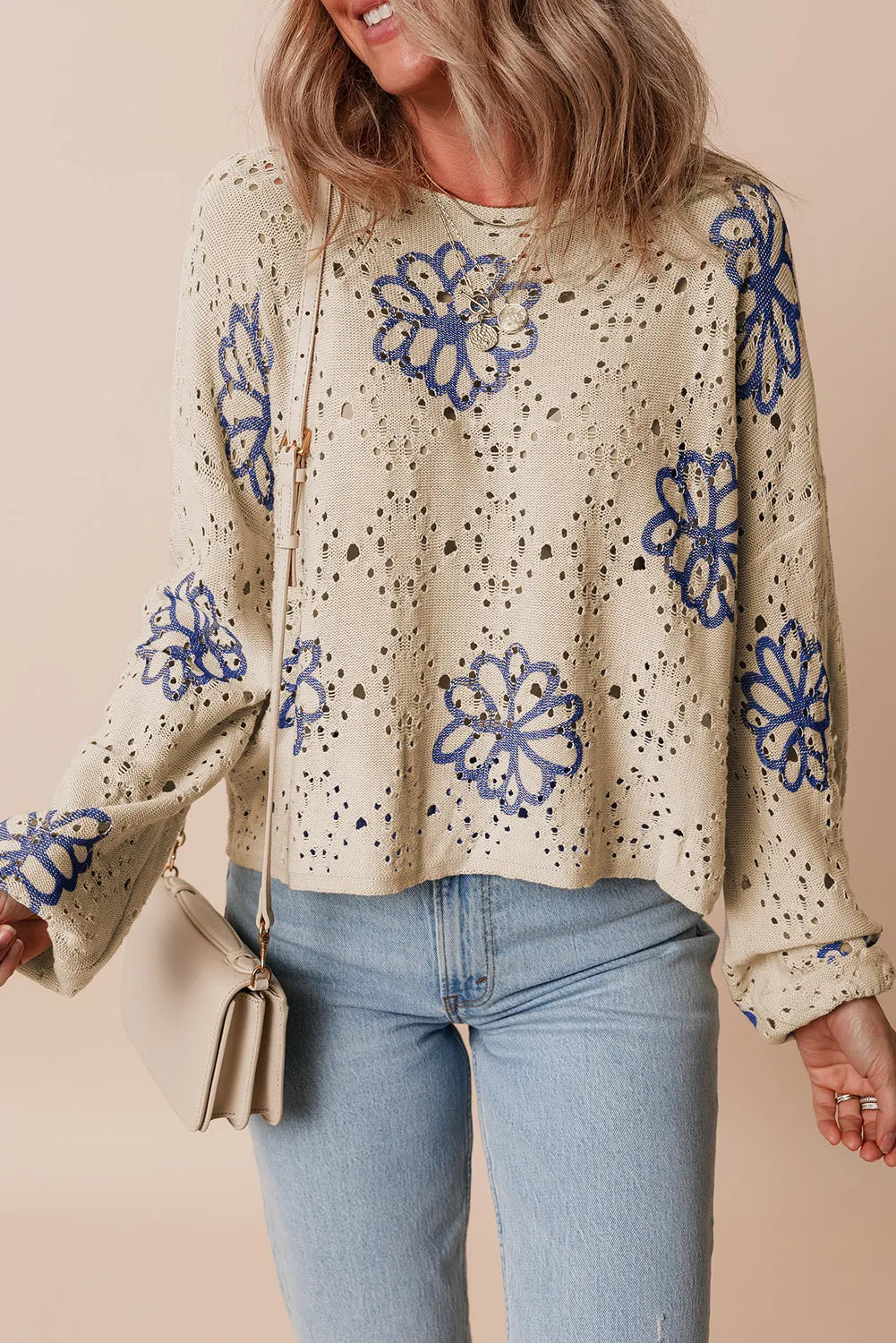 Openwork Round Neck Long Sleeve Knit Top