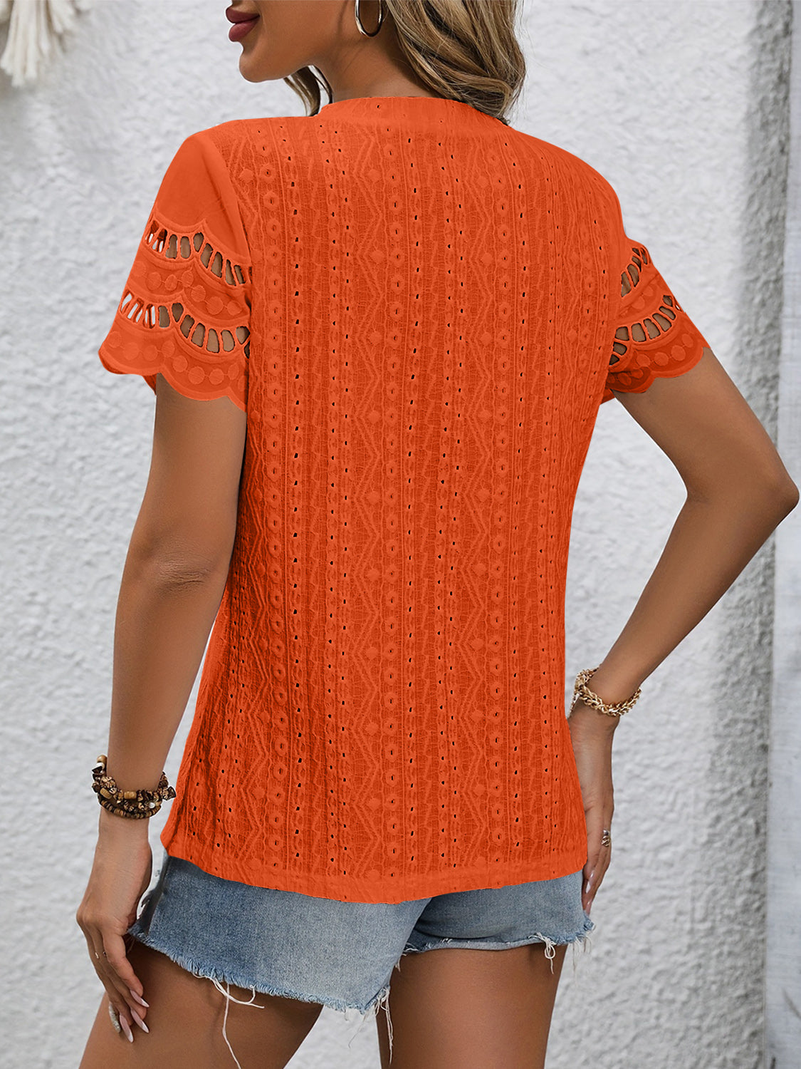 Full Size Eyelet Round Neck Short Sleeve Top