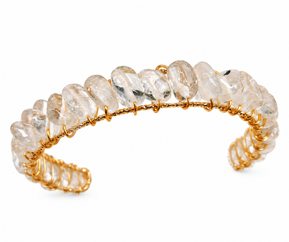 Natural Clear Quartz Gemstone Cuff Bracelet | Wire Wrapped Gold Bangle Jewelry