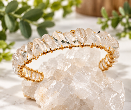 Natural Clear Quartz Gemstone Cuff Bracelet | Wire Wrapped Gold Bangle Jewelry