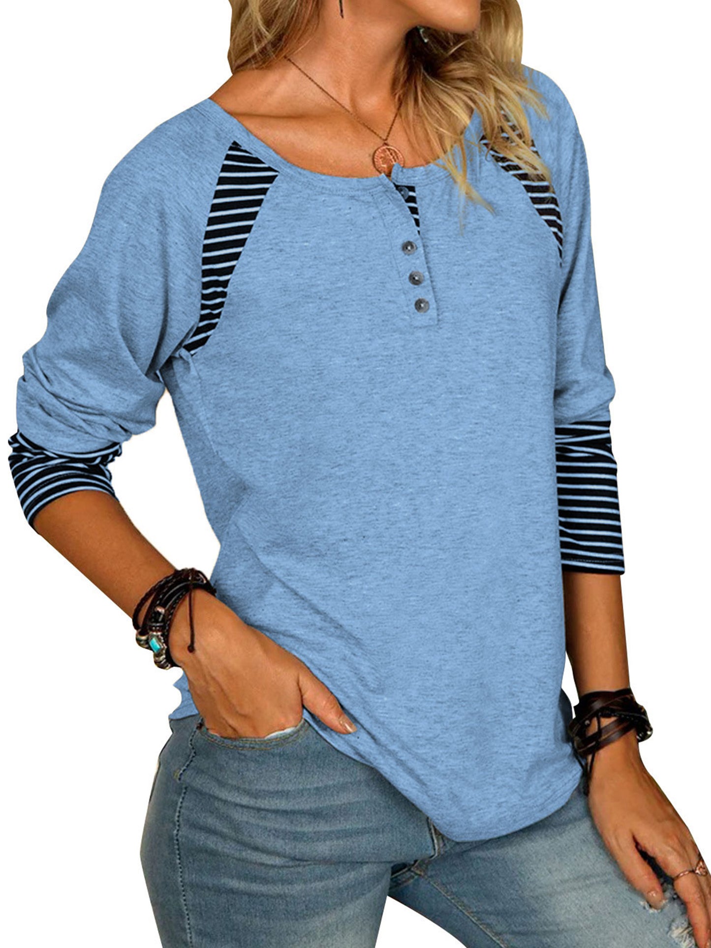 Full Size Striped Quarter Button Long Sleeve T-Shirt