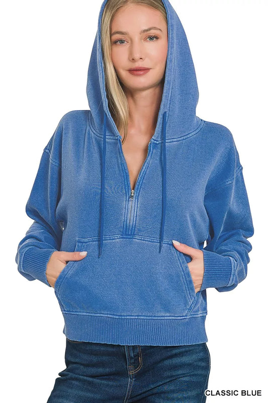 Zenana Fleece Pigment Dye Half Zip Kangaroo Pocket Hoodie - Milliee's Boutique