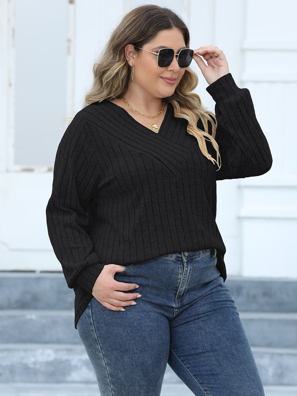 Plus Size Ribbed V-Neck Long Sleeve Top