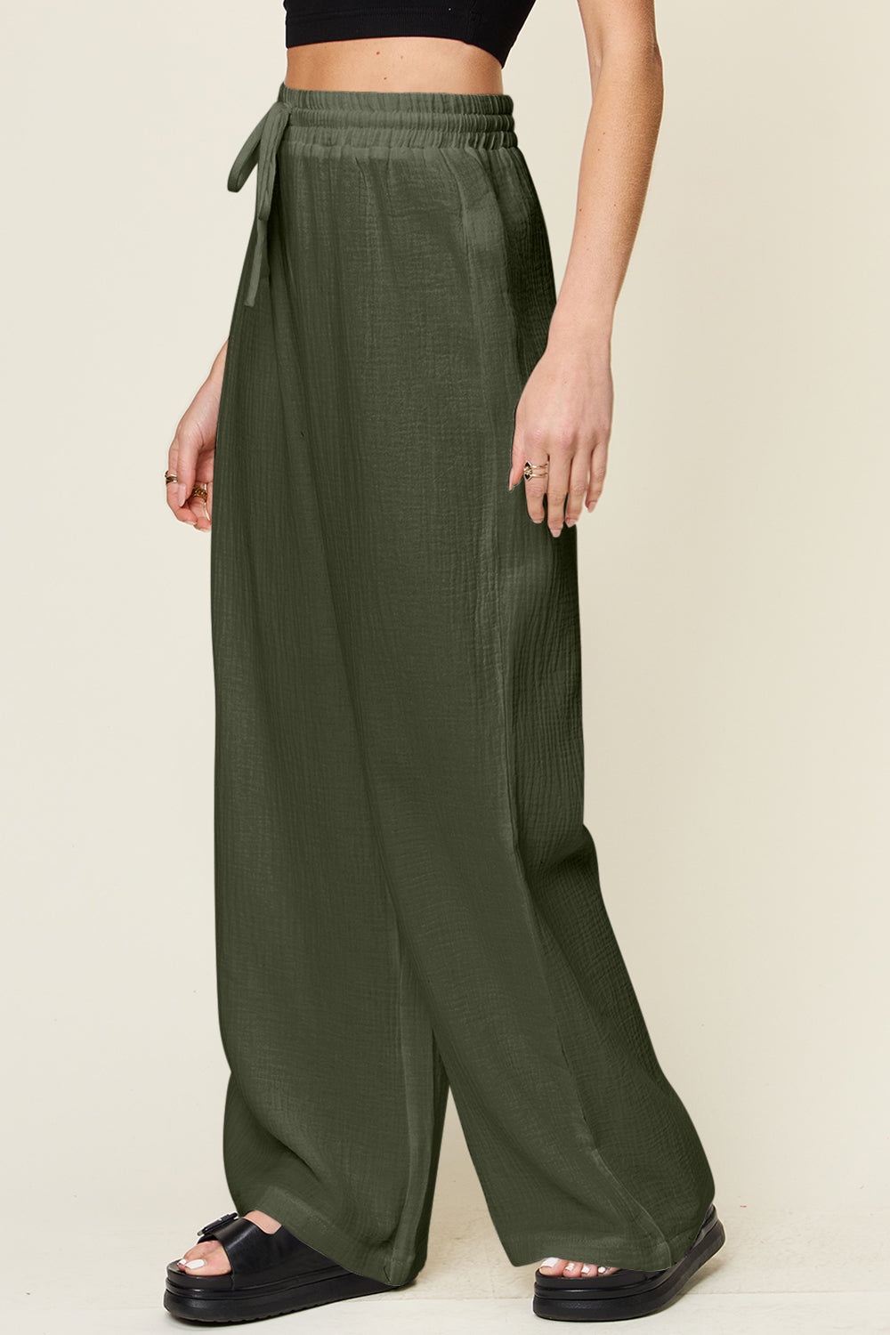 Double Take Full Size Texture Drawstring Wide Leg Pants