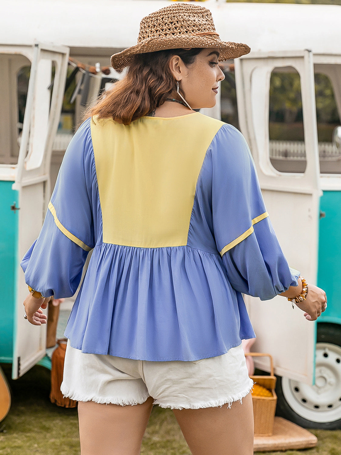 Plus Size Ruched Tie Neck Balloon Sleeve Blouse